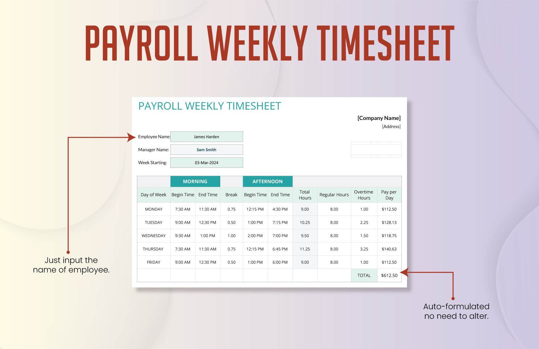 Payroll Weekly Timesheet Template