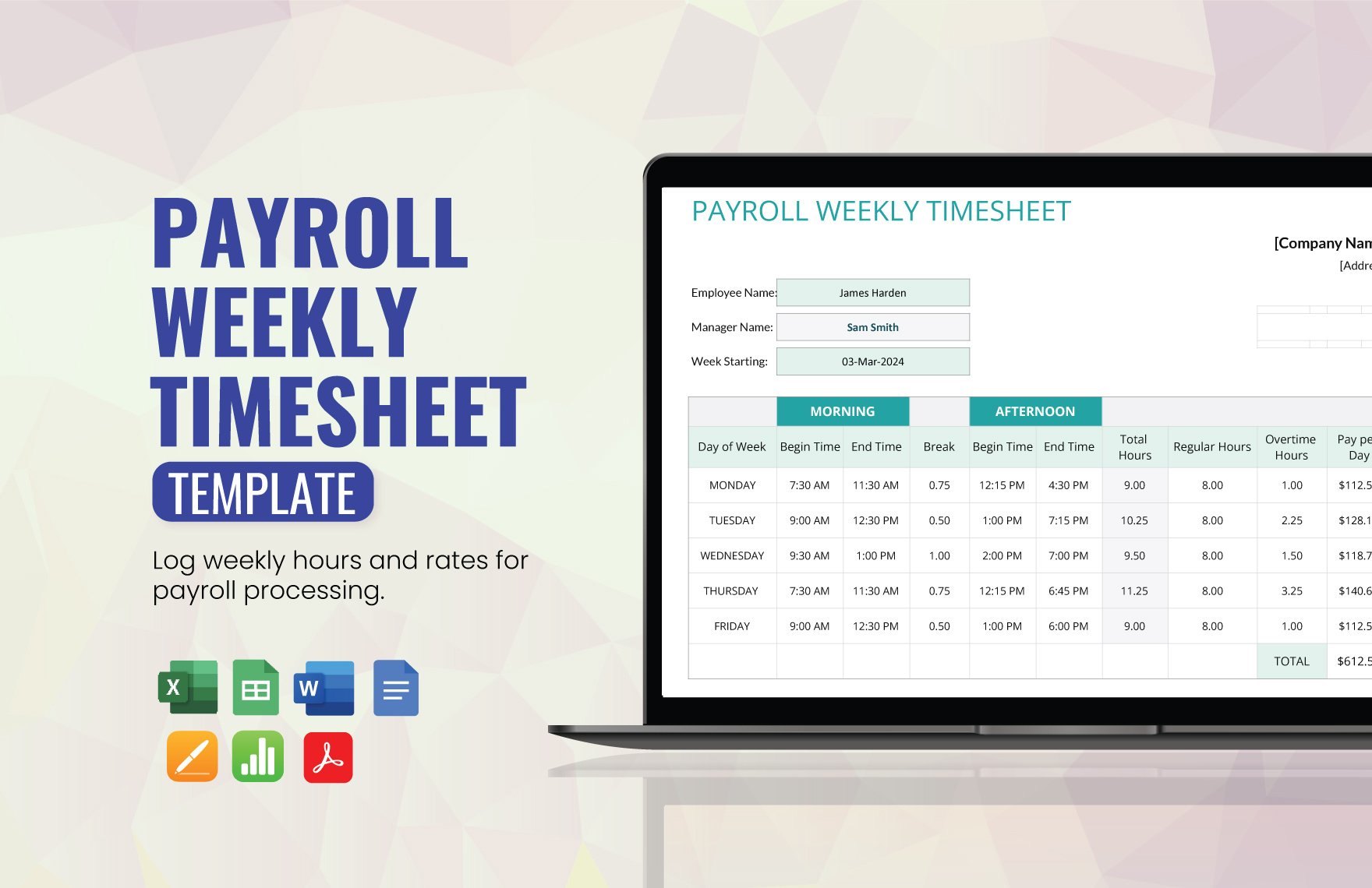 Payroll Weekly Timesheet Template in Word, Google Docs, Excel, PDF, Google Sheets, Apple Pages, Apple Numbers