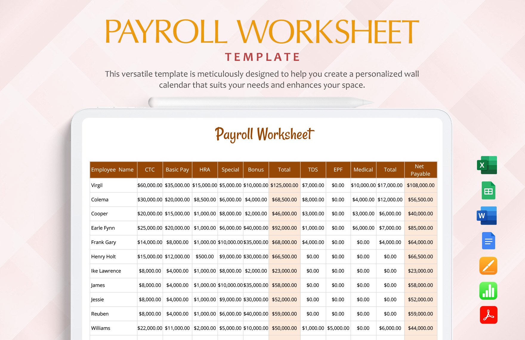 Payroll Worksheet Template in Word, Google Docs, Excel, PDF, Google Sheets, Apple Pages, Apple Numbers