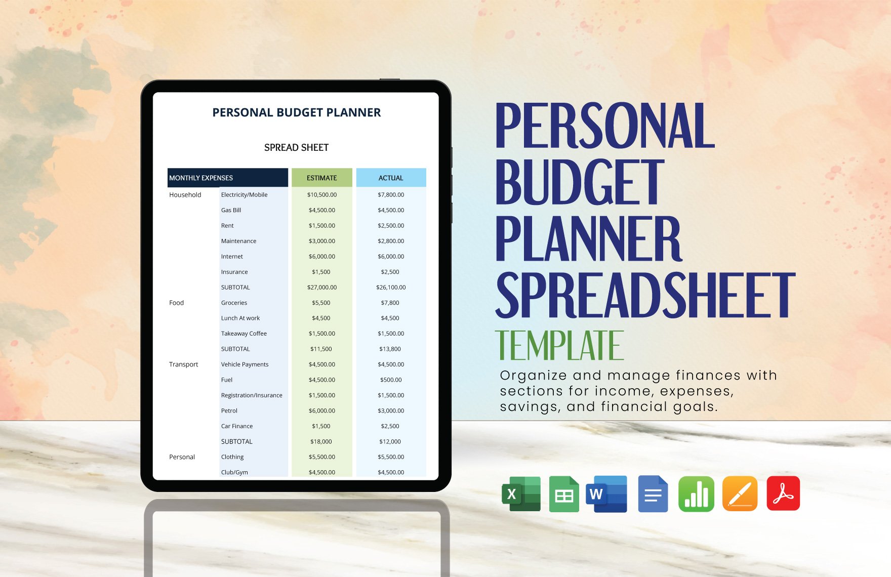 Personal Budget Planner Spreadsheet Template in Word, Google Docs, Excel, PDF, Google Sheets, Apple Pages, Apple Numbers