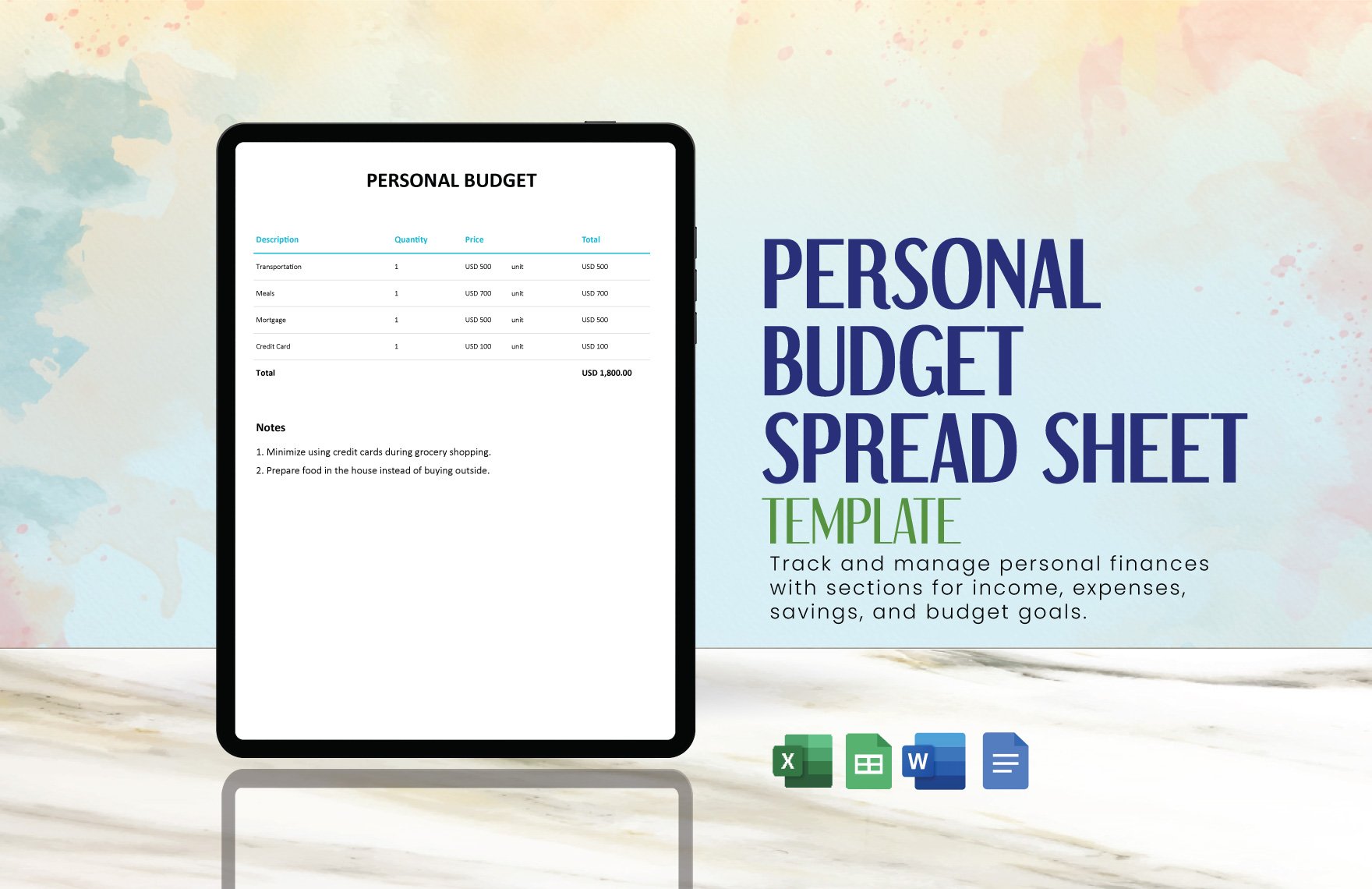 Personal Budget Spread sheet Template in Word, Google Docs, Excel, Google Sheets