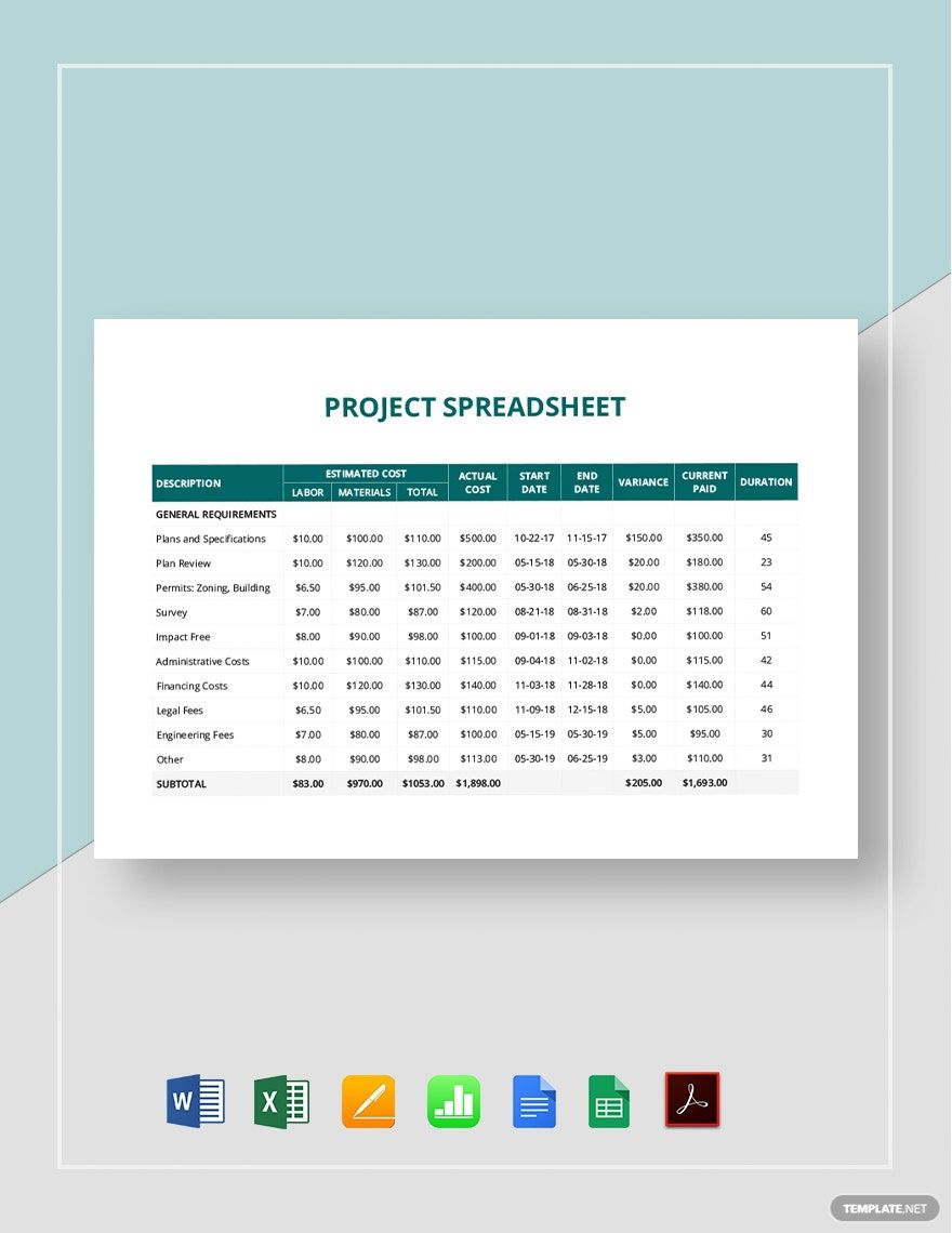 Project Spreadsheet Template
