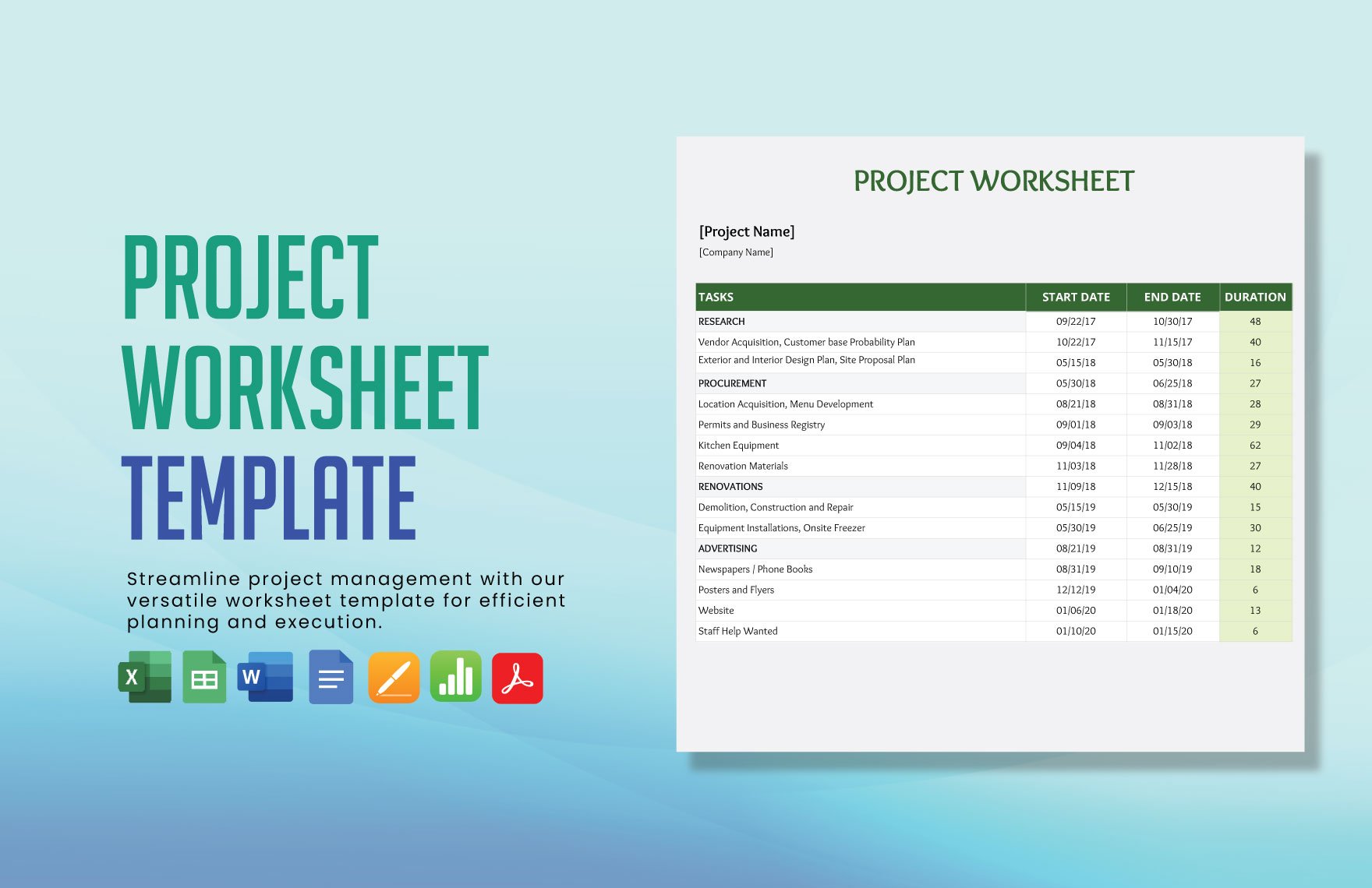 Project Worksheet Template in Word, Google Docs, Excel, PDF, Google Sheets, Apple Pages, Apple Numbers