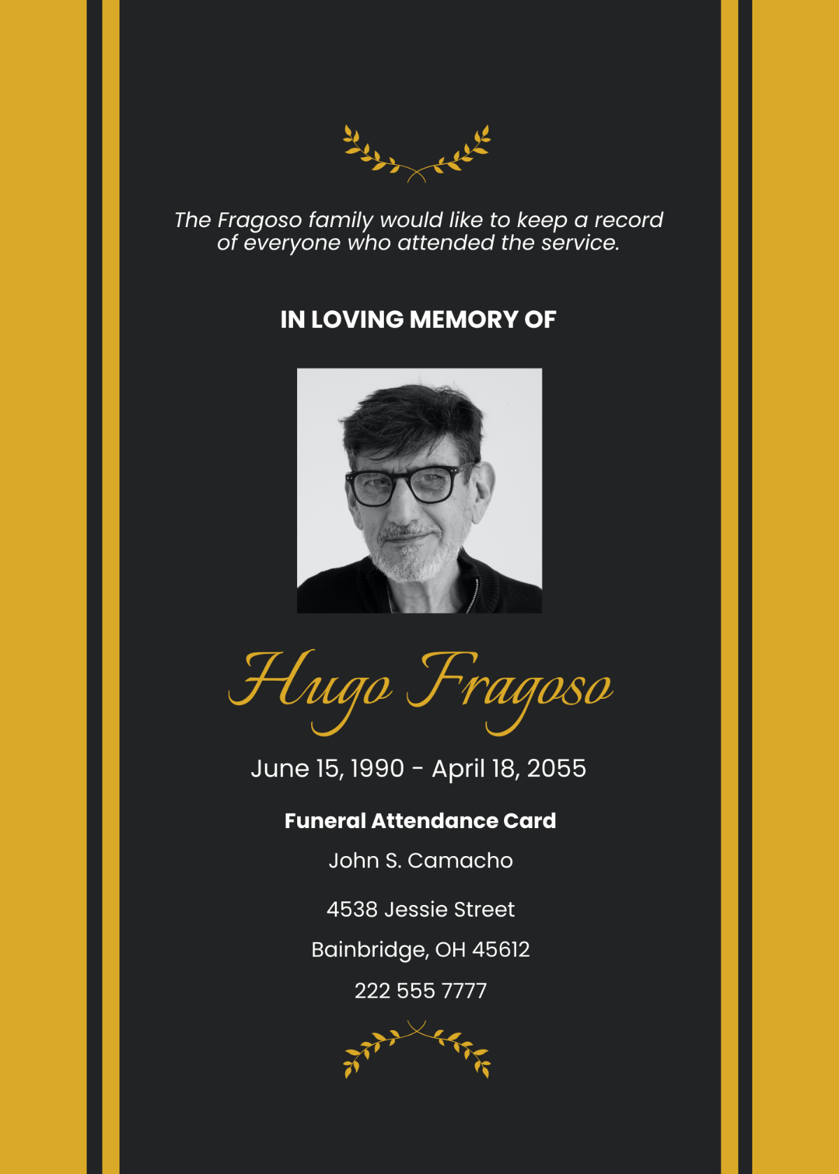 Sample Funeral Attendance Card