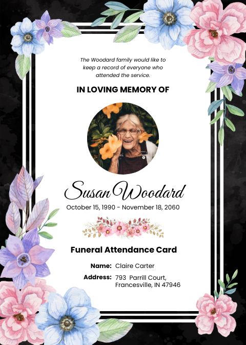 Floral Funeral Attendance Card