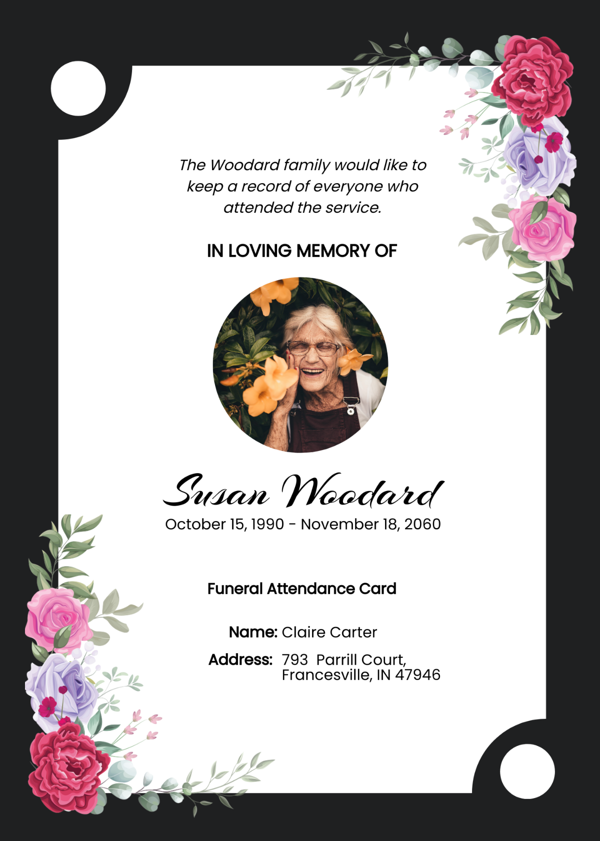 Floral Funeral Attendance Card template