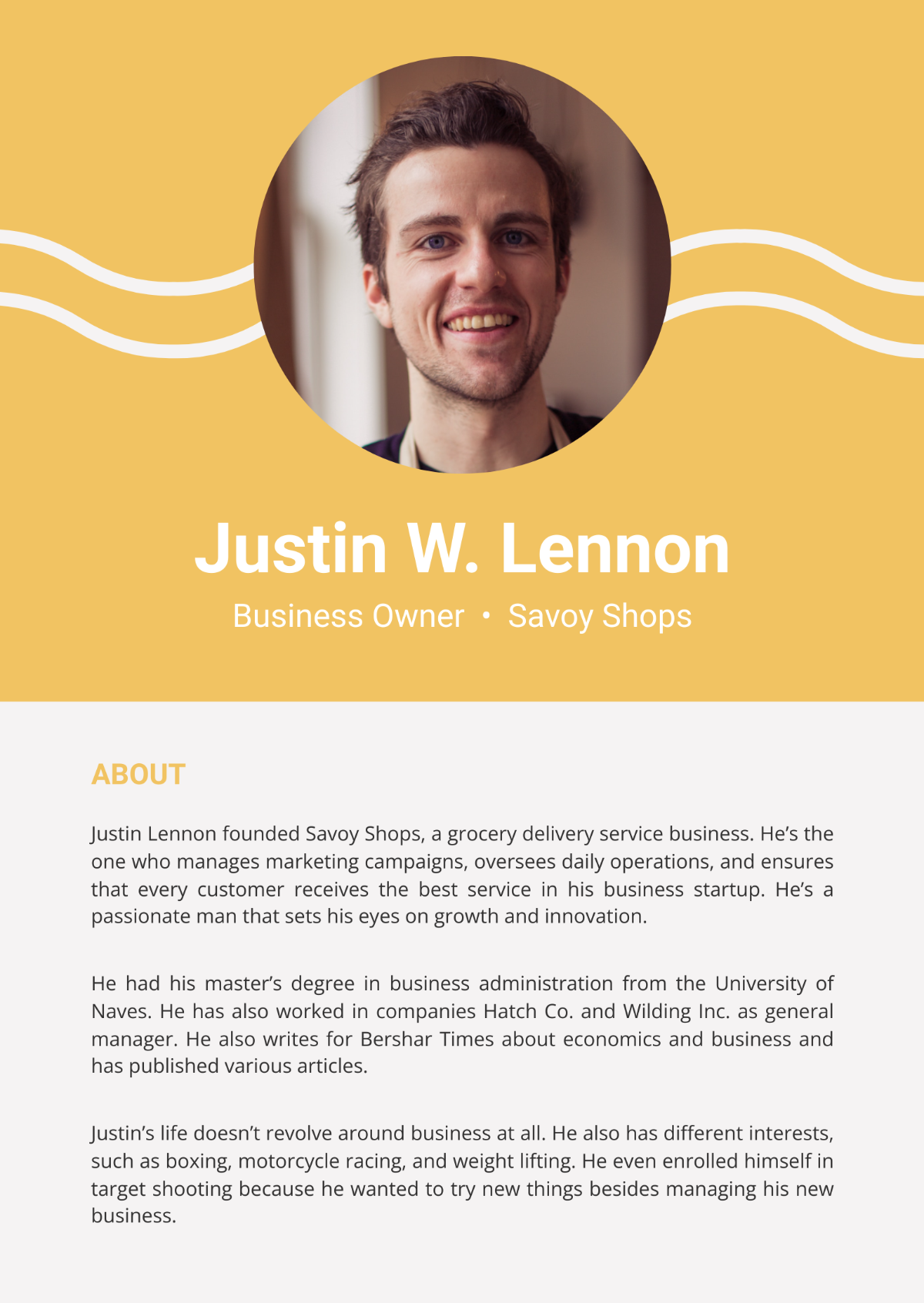 Professional Bio For New Business Startup Template