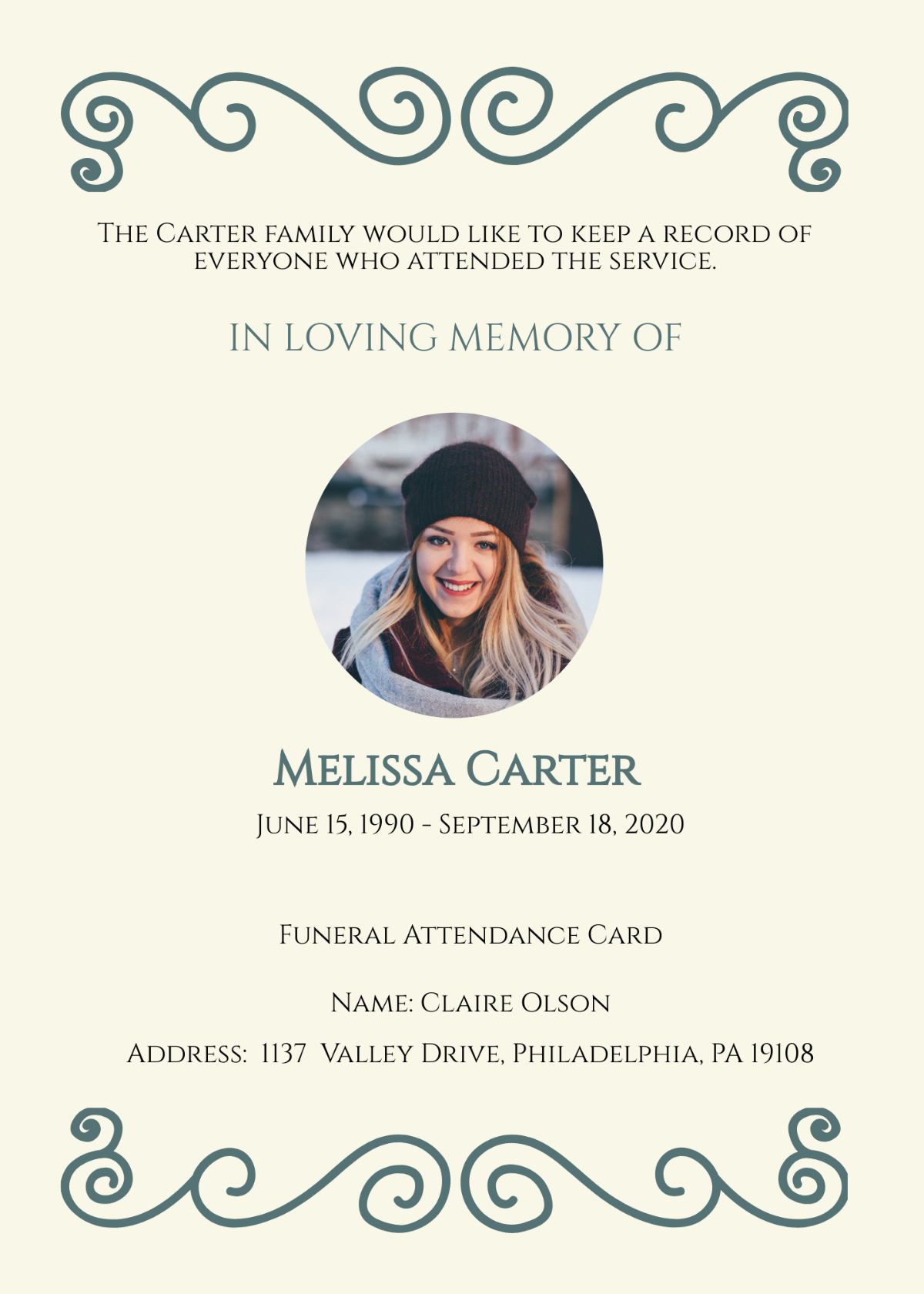 Funeral Service Attendance Card Template