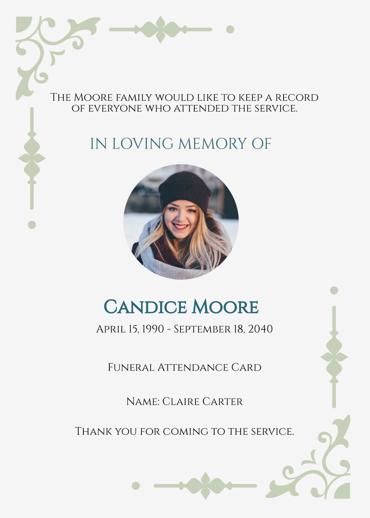 Funeral Attendance Thank You Card Template