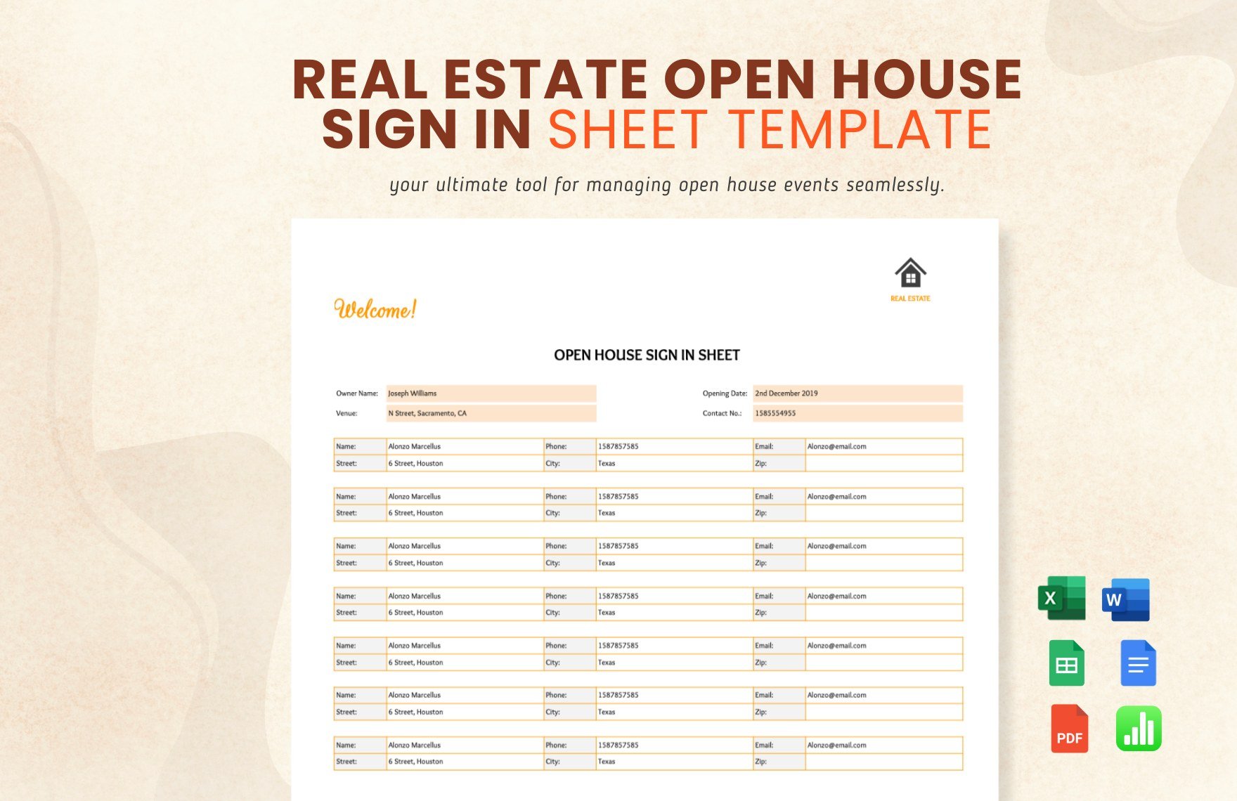 Real Estate Open House Sign in Sheet Template in Word, Google Docs, Excel, PDF, Google Sheets, Apple Pages