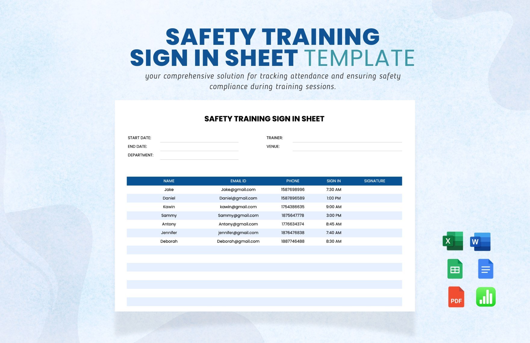 Safety Training Sign in Sheet Template in Word, Google Docs, Excel, PDF, Google Sheets, Apple Pages