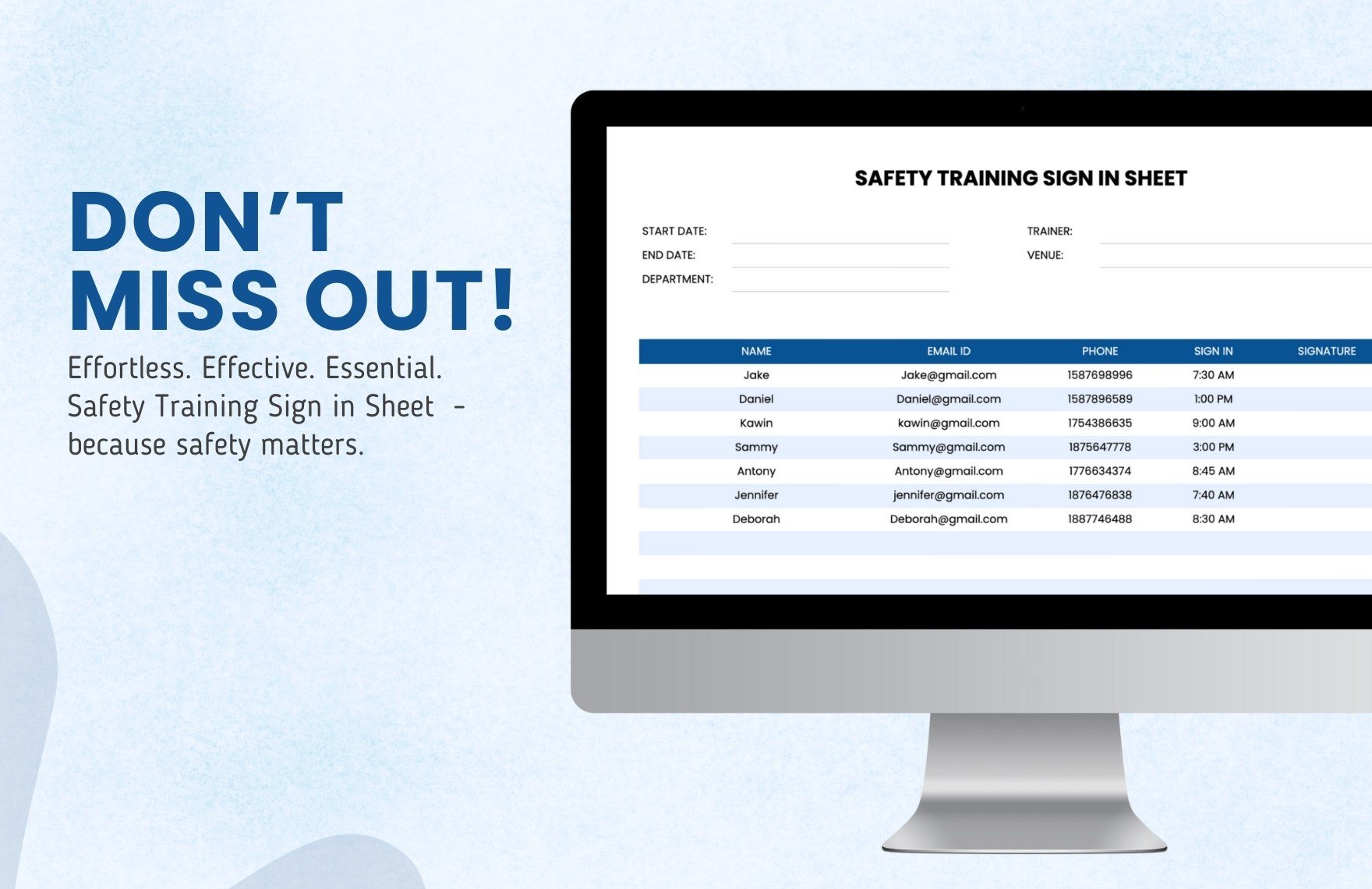 Safety Training Sign in Sheet Template