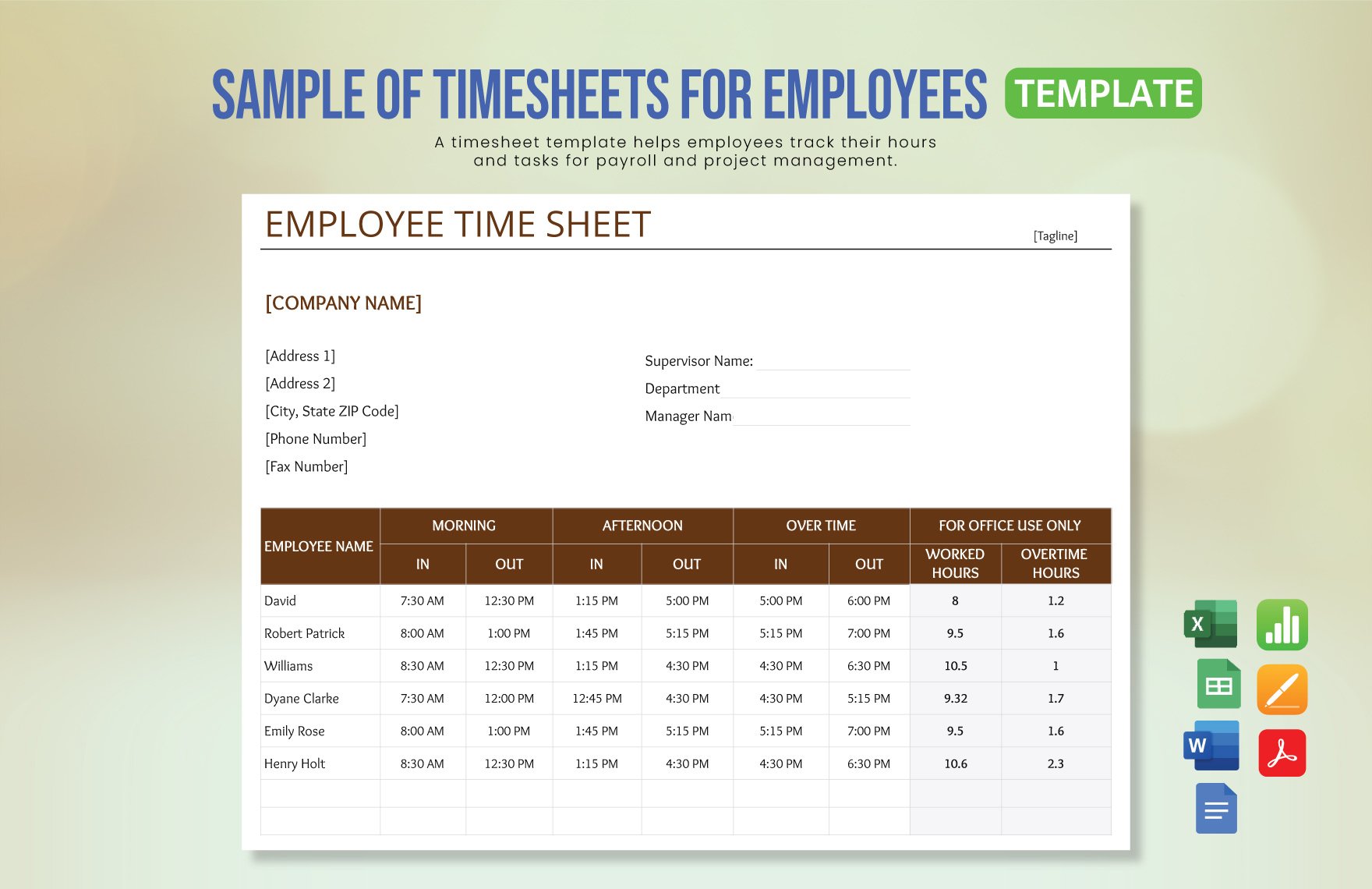 Sample Of Timesheets For Employees Template in Word, Google Docs, Excel, PDF, Google Sheets, Apple Pages, Apple Numbers