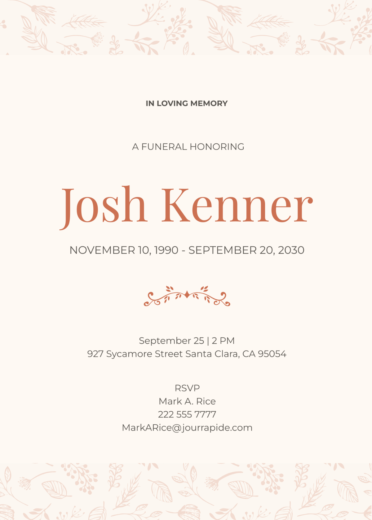 Modern Digital Funeral Invitation Template - Edit Online & Download