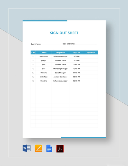 FREE Sign Out Sheet Template - PDF | Word (DOC) | Apple (MAC) Pages ...
