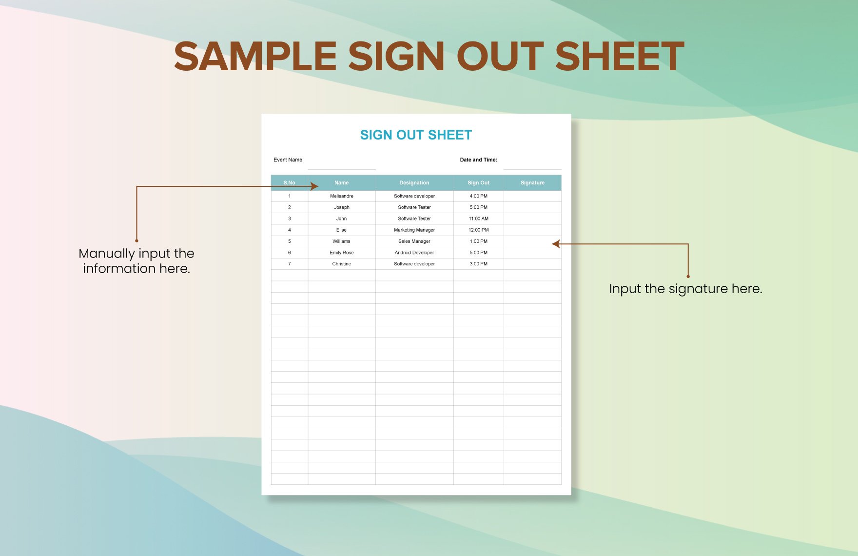 Sample Sign Out Sheet Template