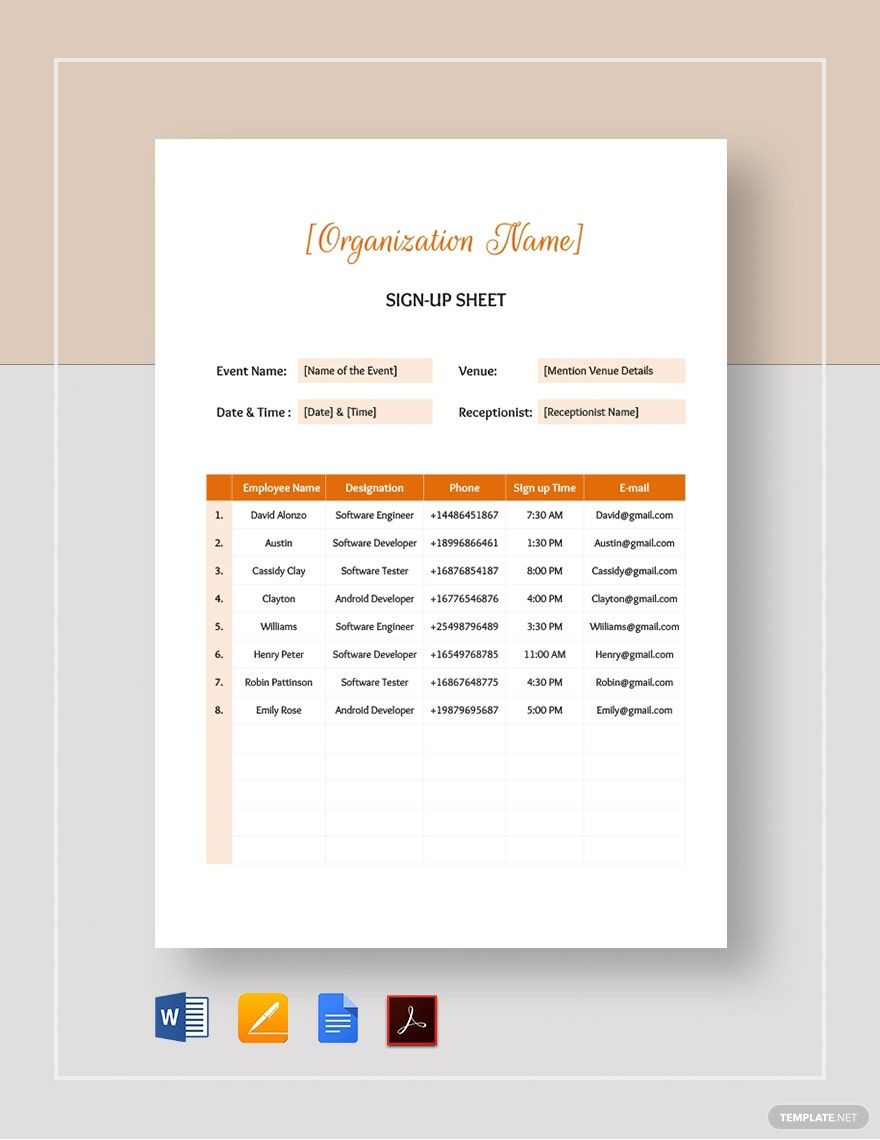 Signup Sheet Template in Word, Google Docs, PDF, Apple Pages