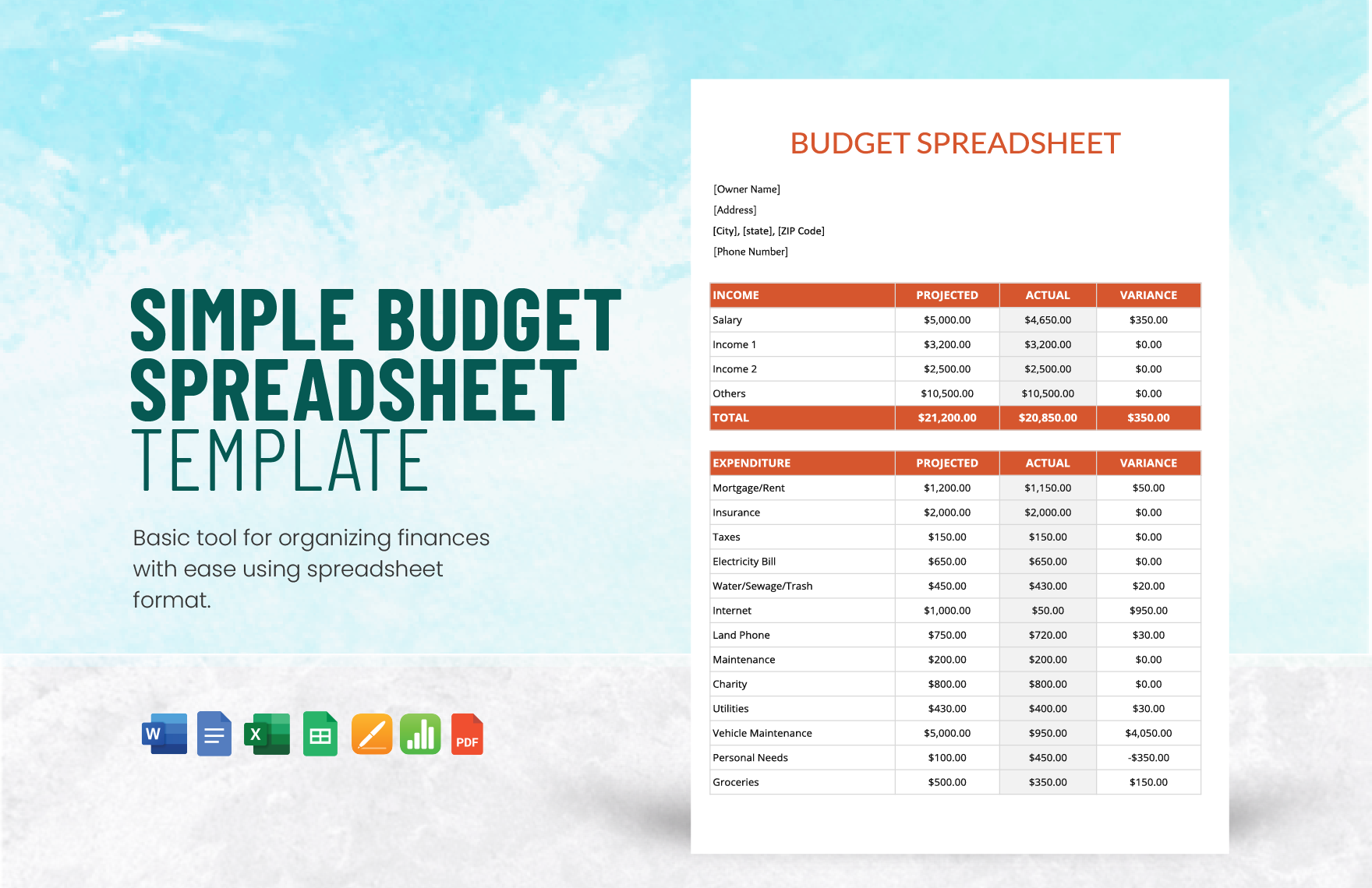 Simple Budget Spreadsheet Template in Word, Google Docs, Excel, PDF, Google Sheets, Apple Pages, Apple Numbers