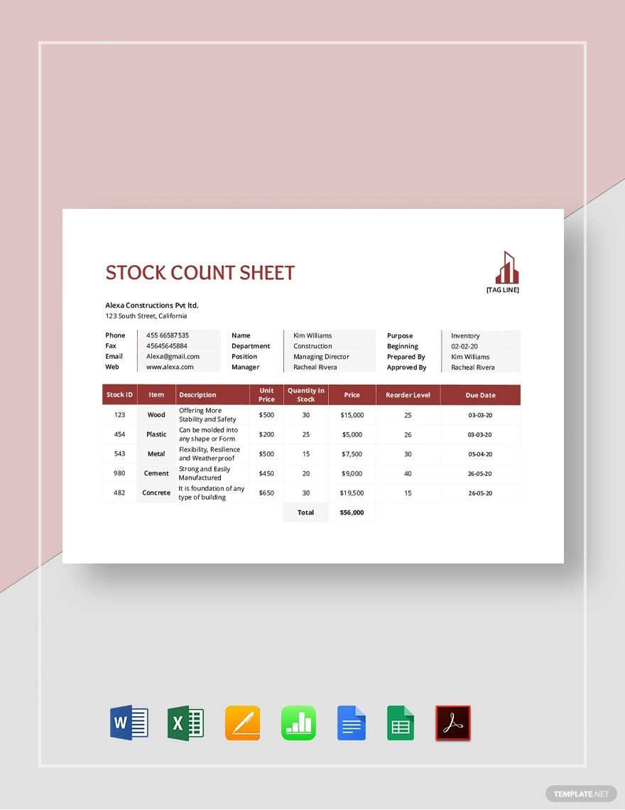 Stock Count Sheet Template in Word, Google Docs, Excel, PDF, Google Sheets, Apple Pages, Apple Numbers