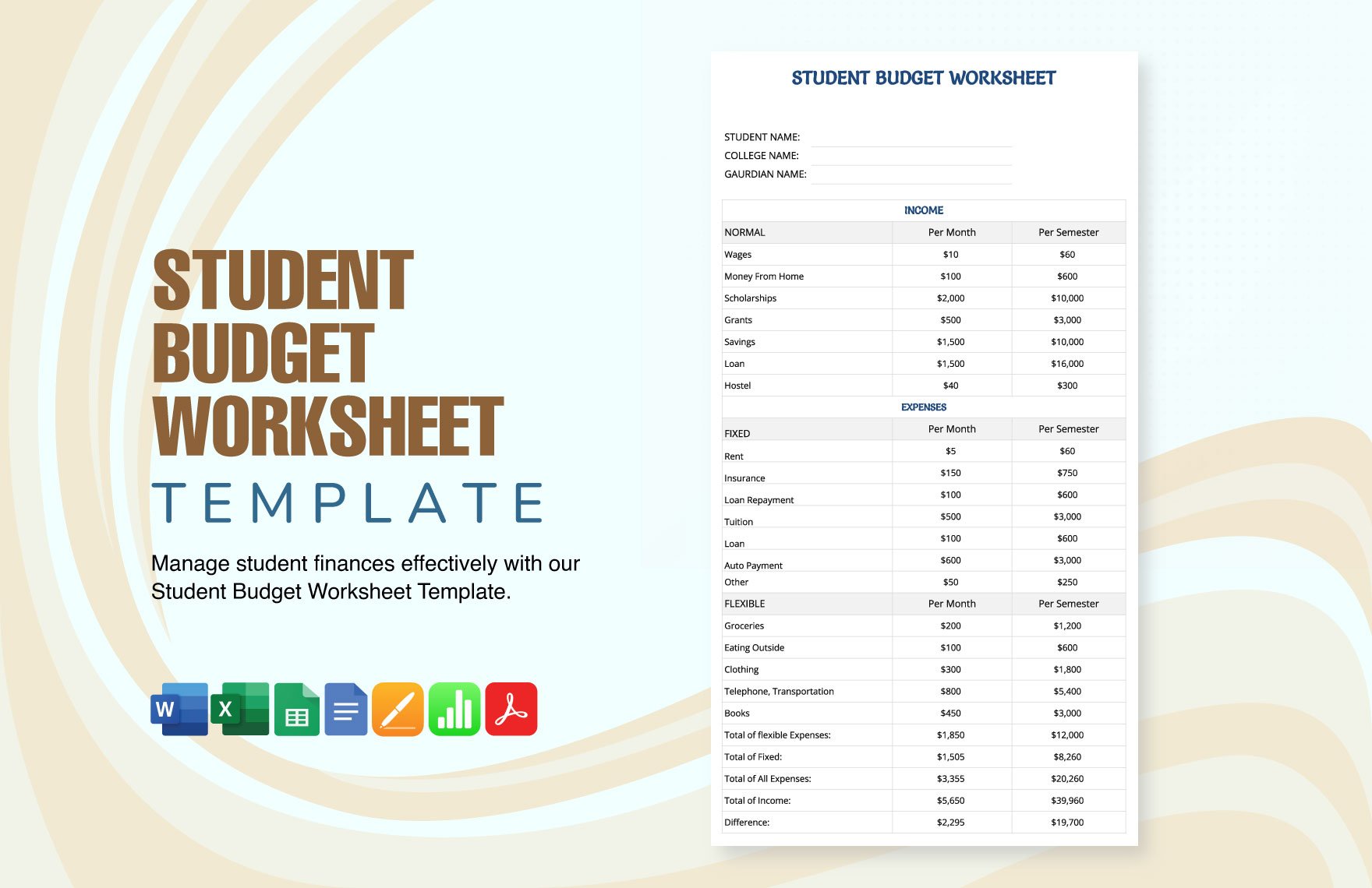 Free Student Budget Worksheet Template in Word, Google Docs, Excel, PDF, Google Sheets, Apple Pages, Apple Numbers