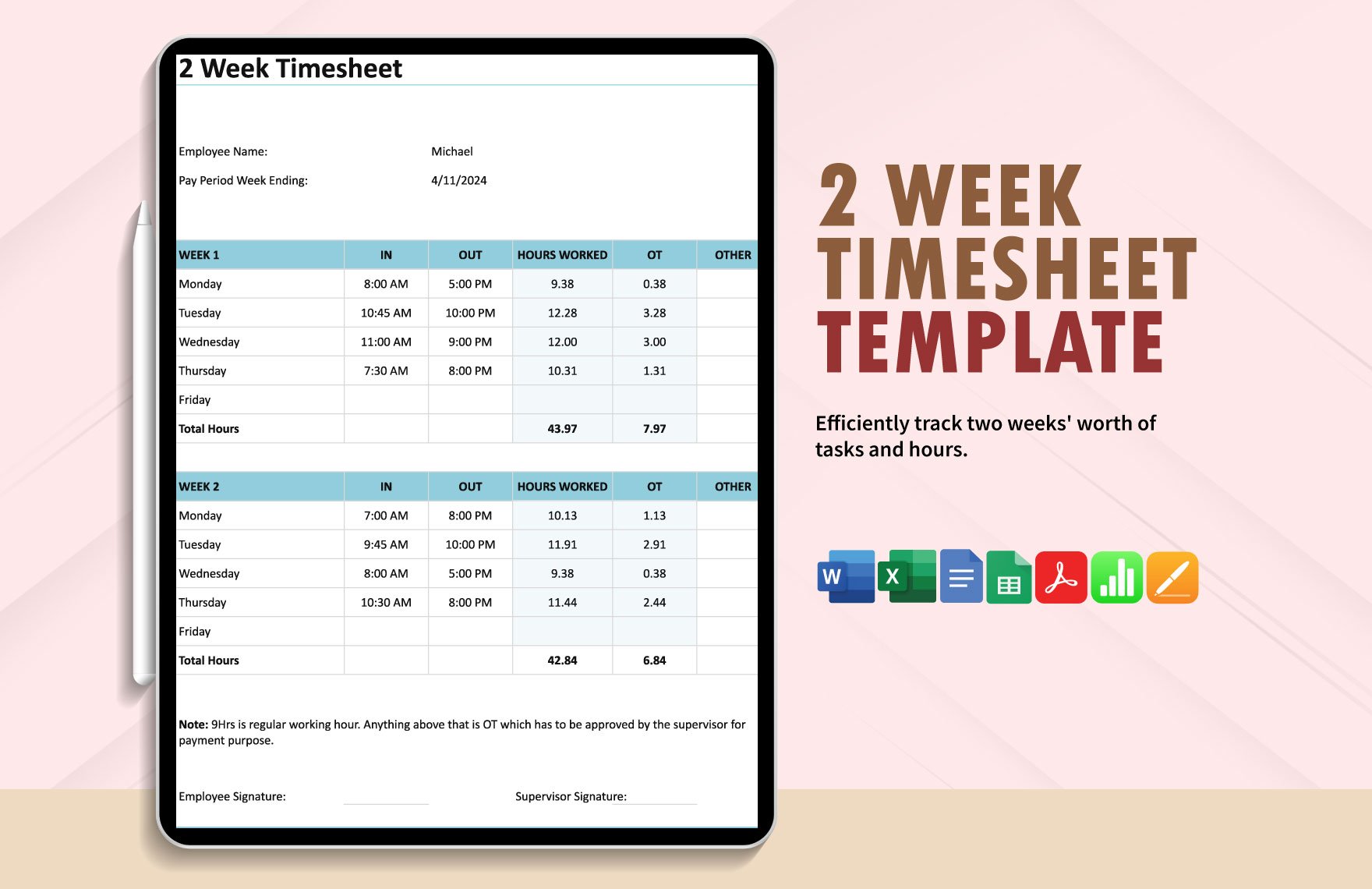 2 Week Timesheet Template in Word, Google Docs, Excel, PDF, Google Sheets, Apple Pages, Apple Numbers