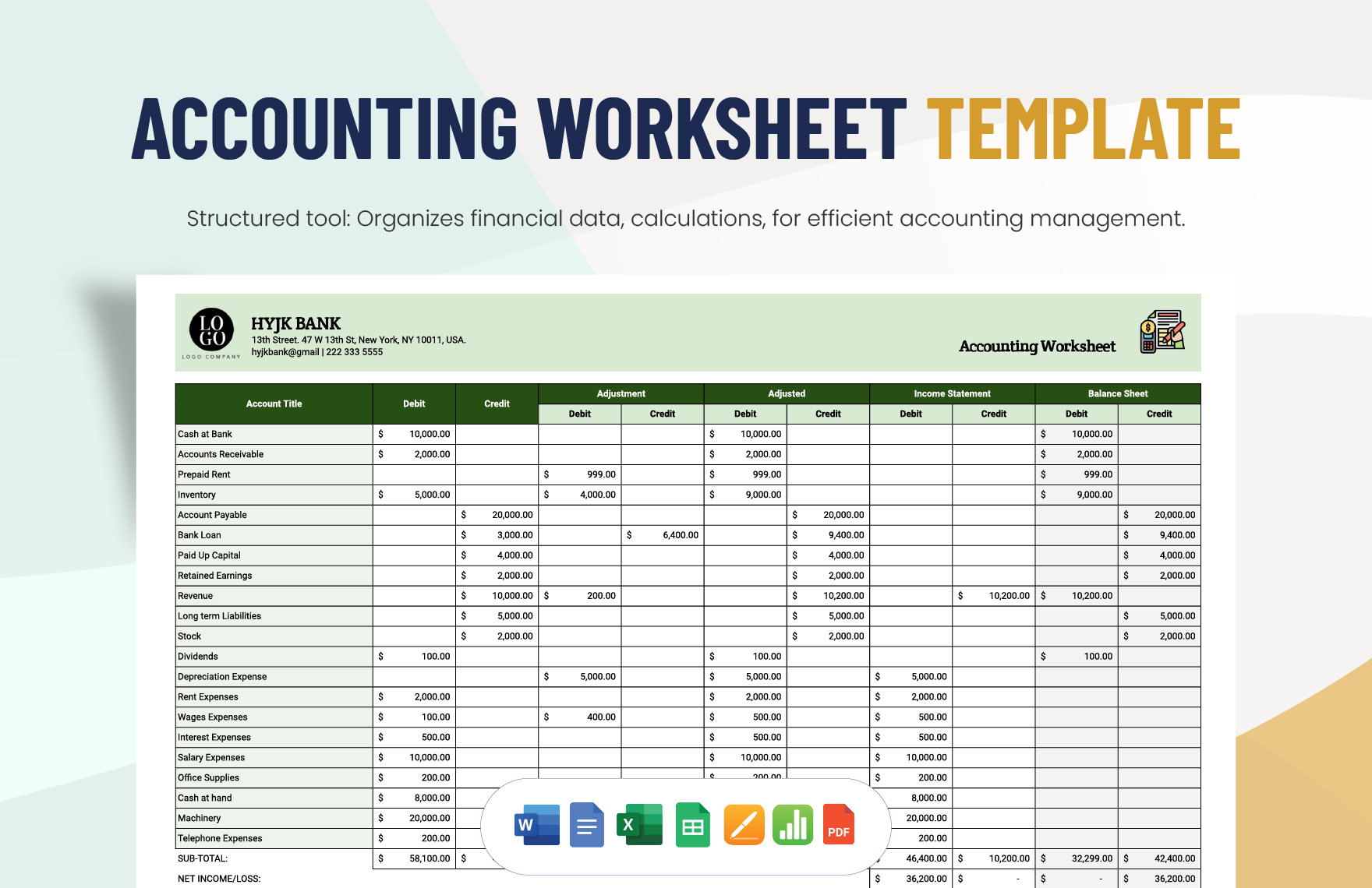 Accounting Worksheet Template in Word, Google Docs, Excel, PDF, Google Sheets, Apple Pages, Apple Numbers