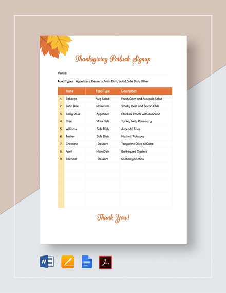 Fall Potluck Signup Sheet Template - Word | Google Docs | Apple Pages | PDF