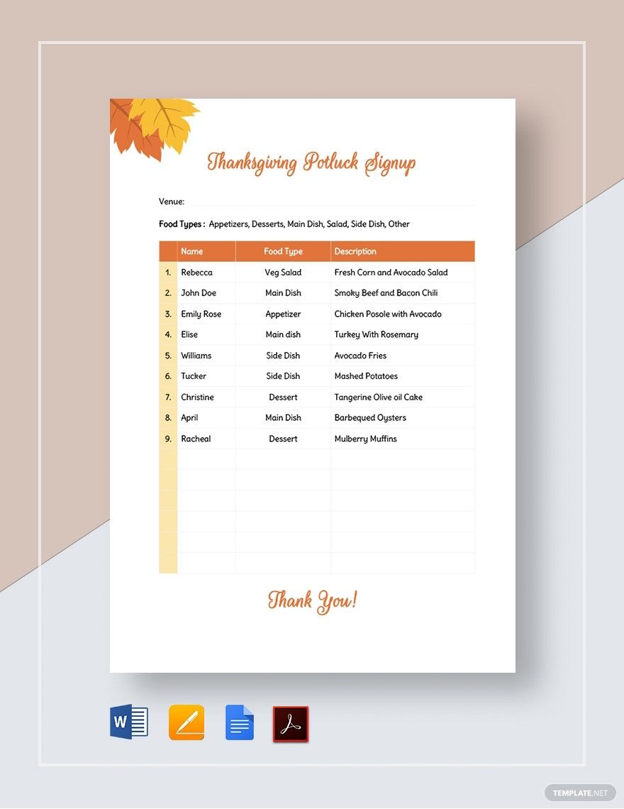 Thanksgiving Potluck Signup Sheet Template Google Docs Word Apple Pages PDF Template