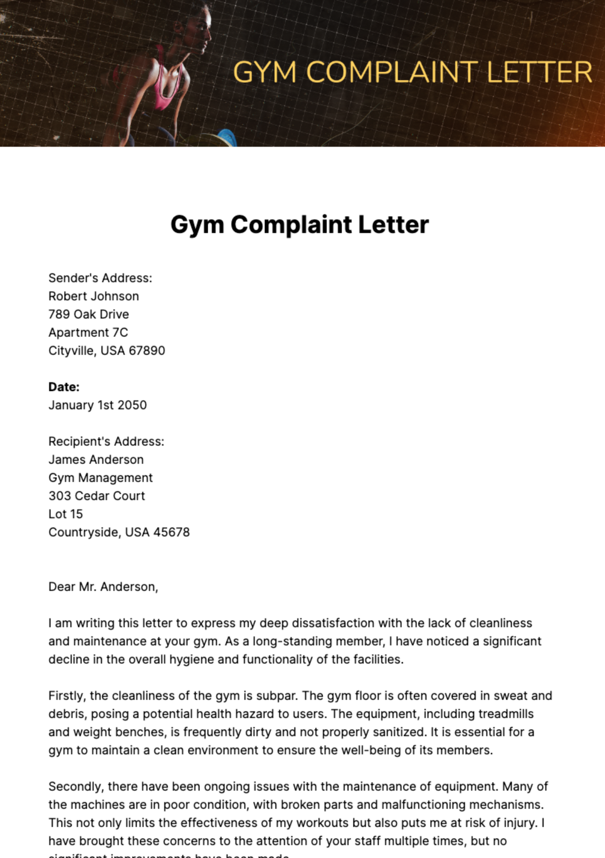 Gym Complaint Letter Template