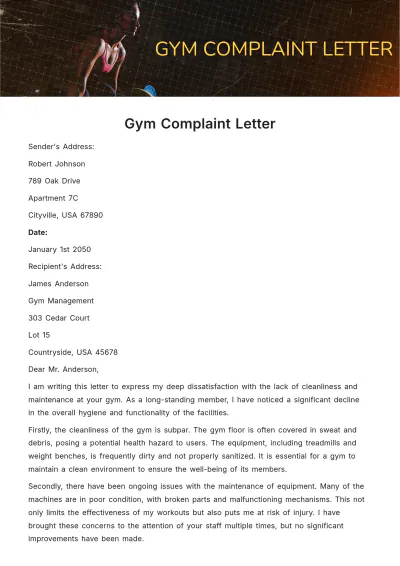 Free Gym Complaint Letter Template to Edit Online