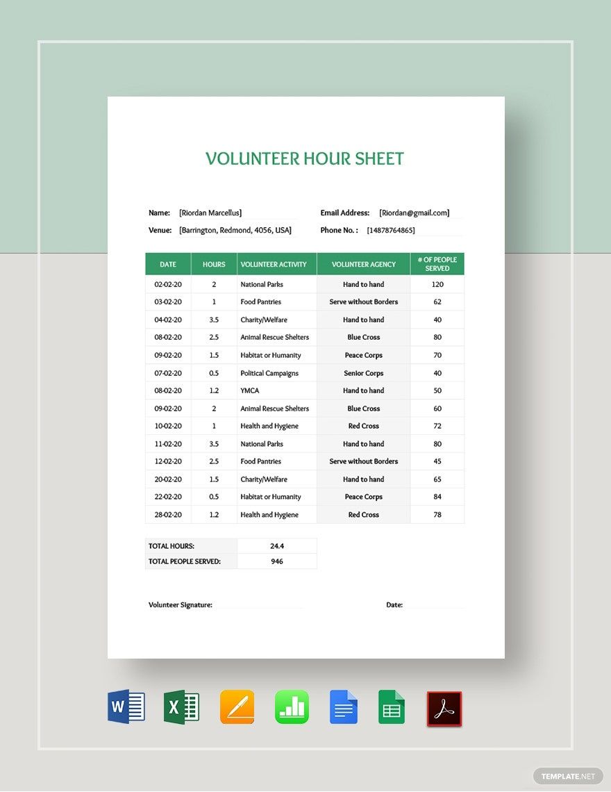 Volunteer Hours Sheet Template