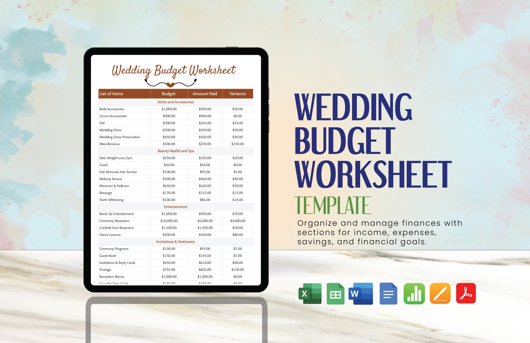 Wedding Budget Worksheet Template in Word, Google Docs, Excel, PDF, Google Sheets, Apple Pages, Apple Numbers