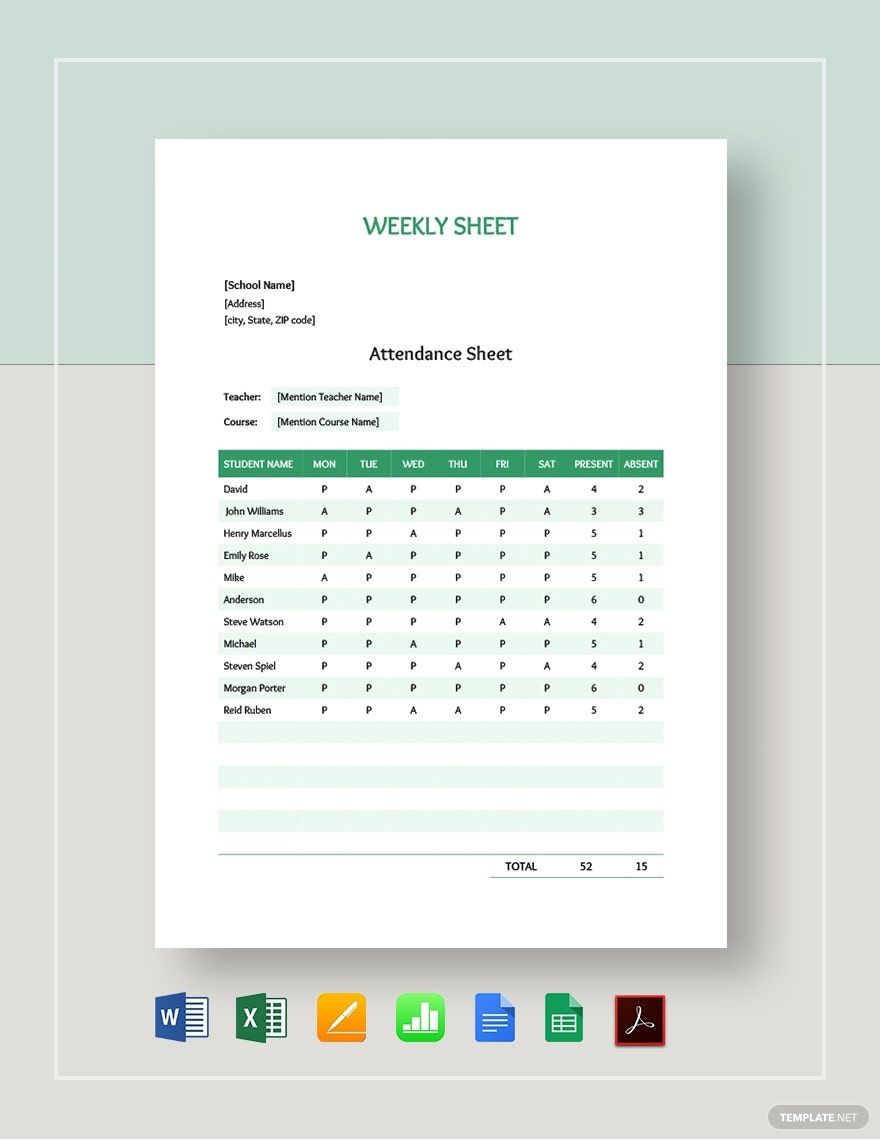 Weekly Sheet Template in Word, Google Docs, Excel, PDF, Google Sheets, Apple Pages, Apple Numbers