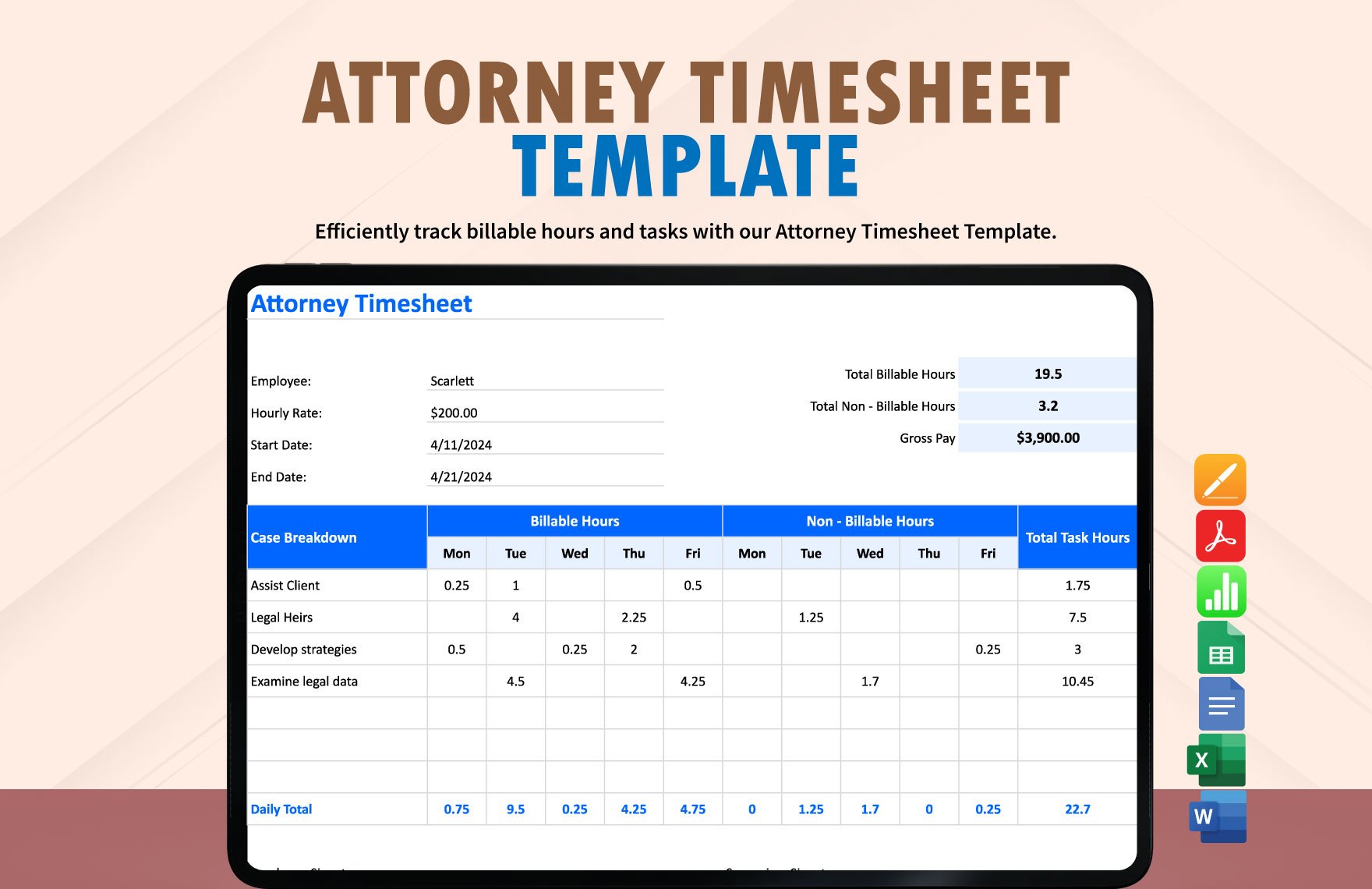 Attorney Timesheet Template in Word, Google Docs, Excel, PDF, Google Sheets, Apple Pages, Apple Numbers