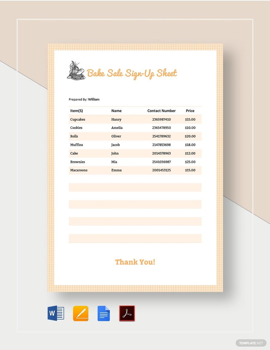 Bake Sale Sign up Sheet Template Download In Word Google Docs PDF 