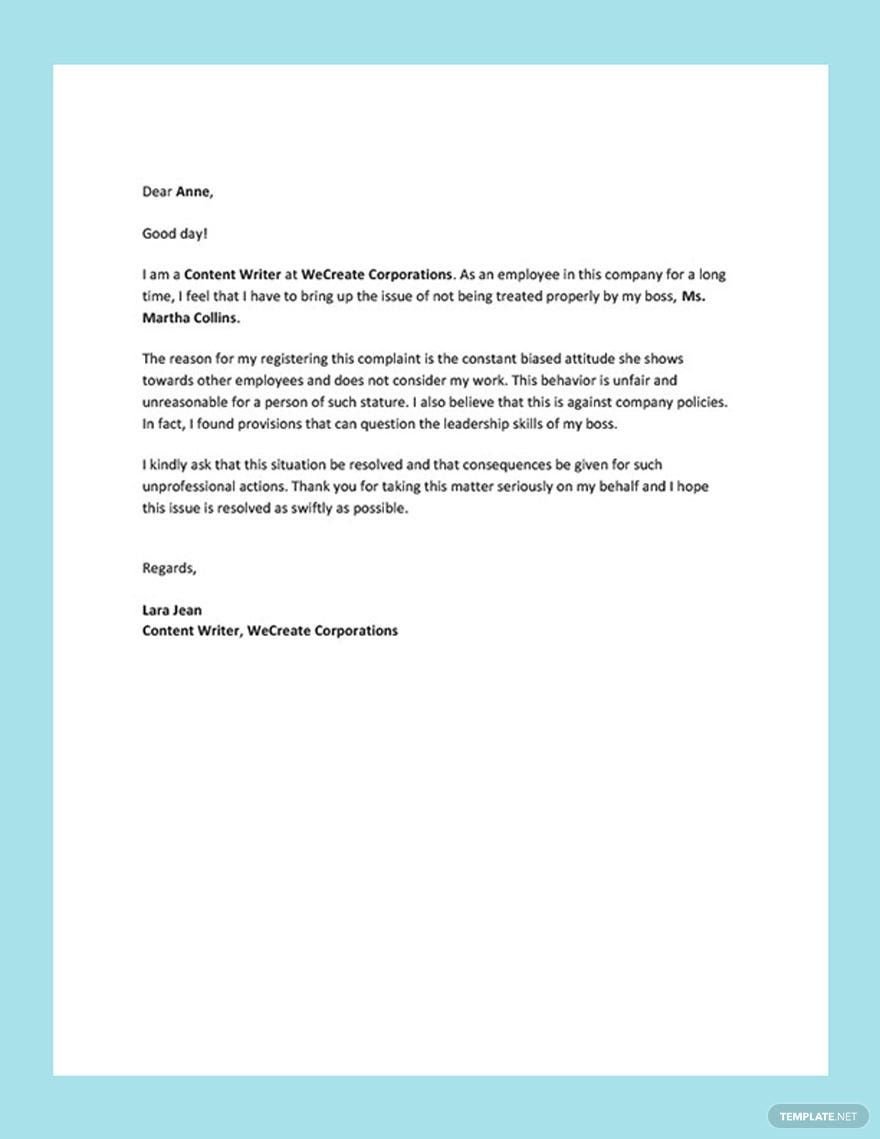 Complaint Letter About Your Boss Template