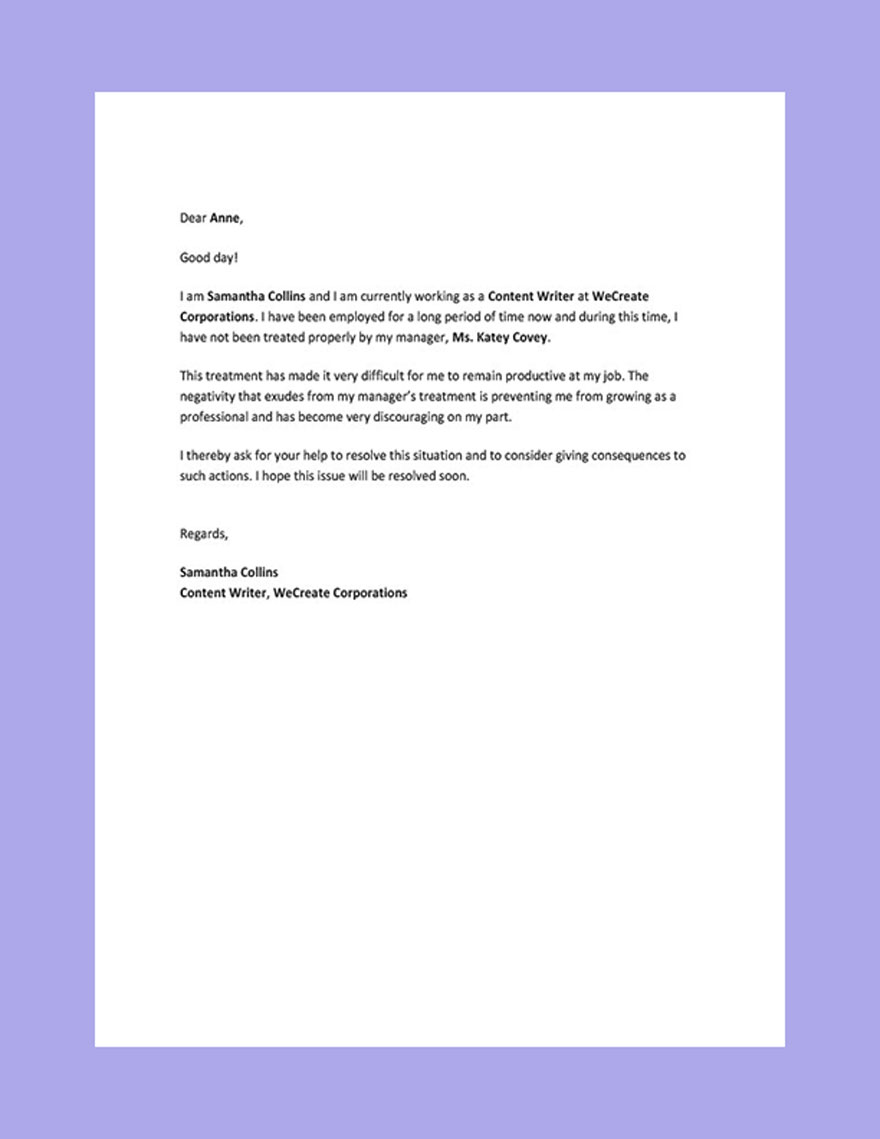 Complaint Letter Against Manager Template