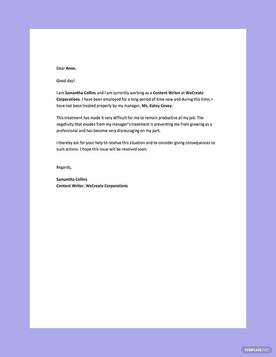 Hostile Work Environment Complaint Letter Template Free PDF Google 