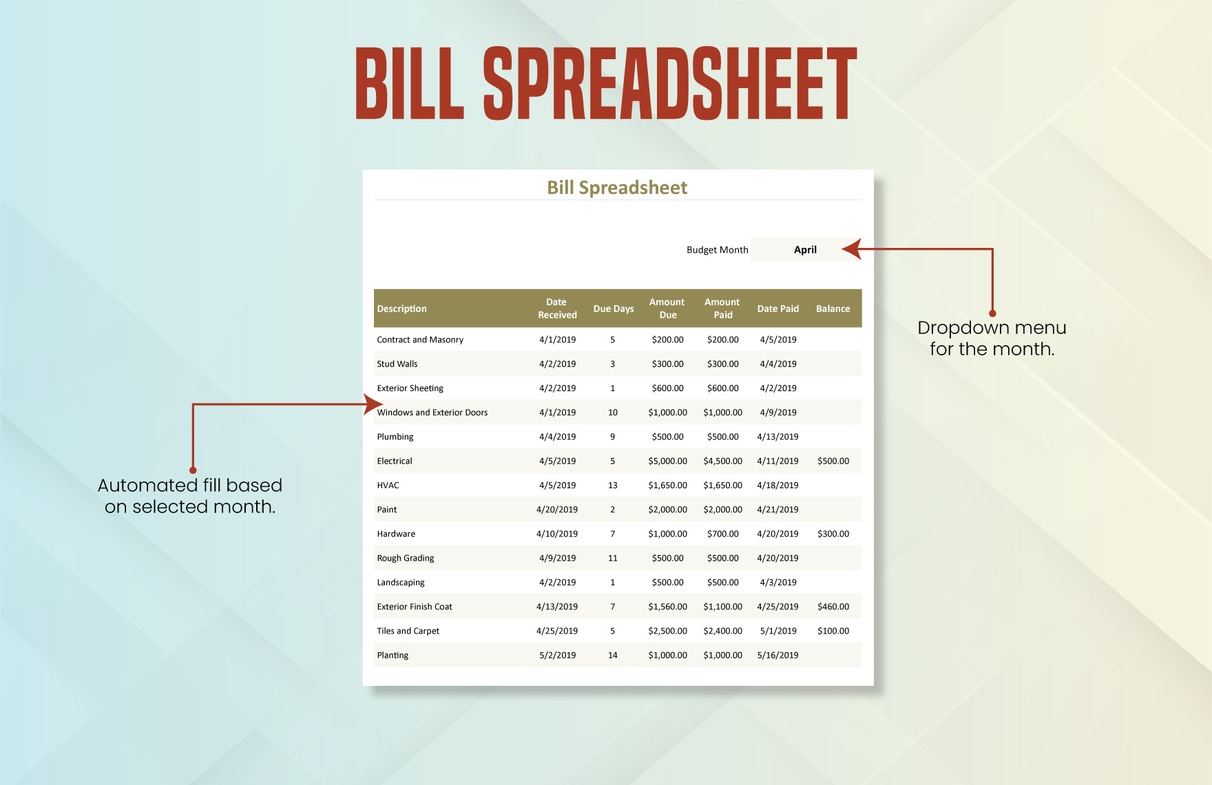 Bill Spreadsheet Template