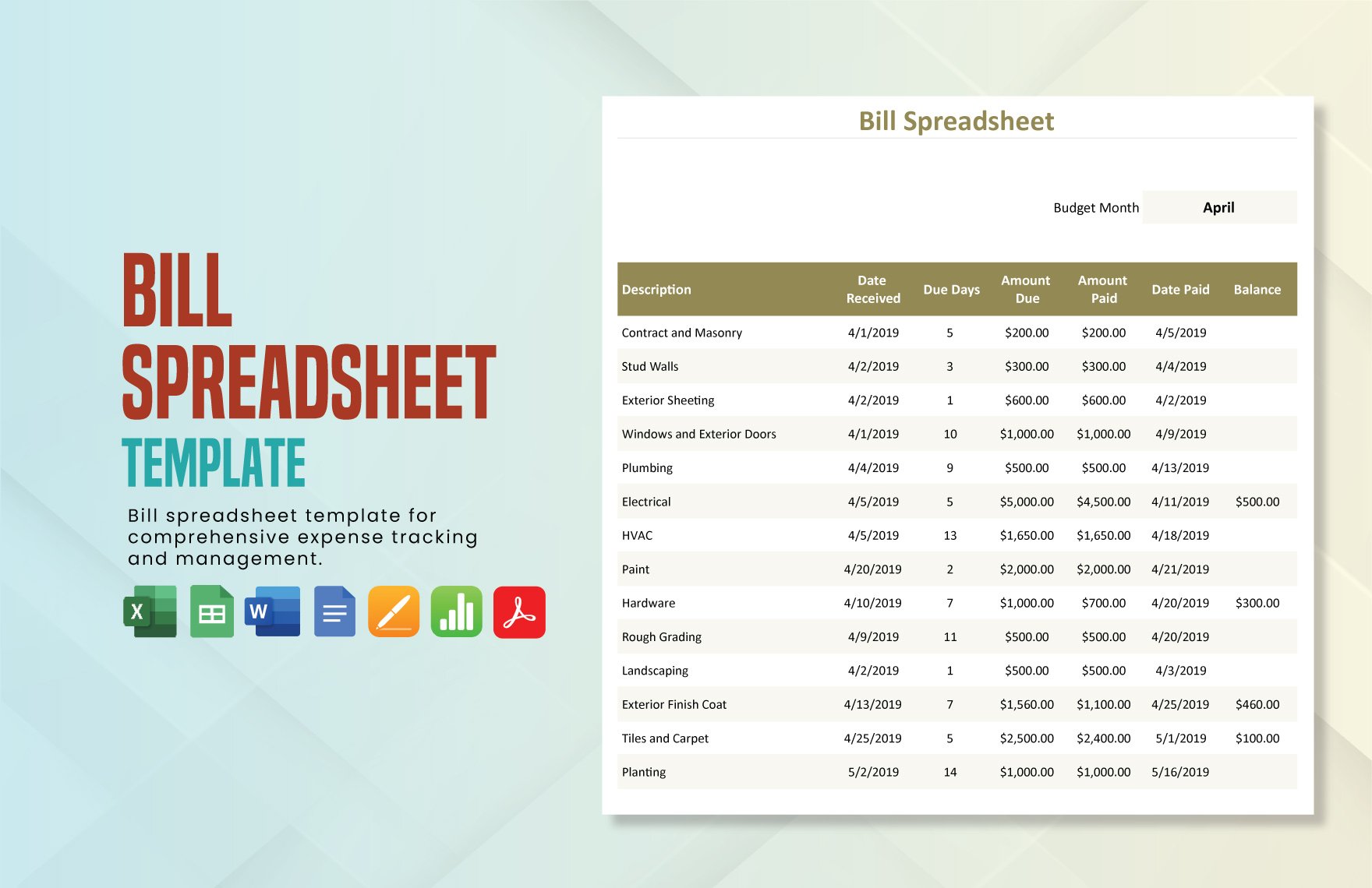 Free Bill Spreadsheet Template in Word, Google Docs, Excel, PDF, Google Sheets, Apple Pages, Apple Numbers