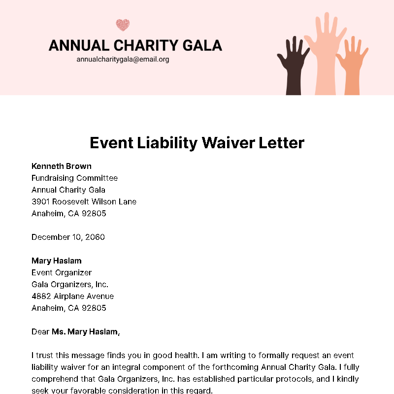 Event Liability Waiver Letter Template
