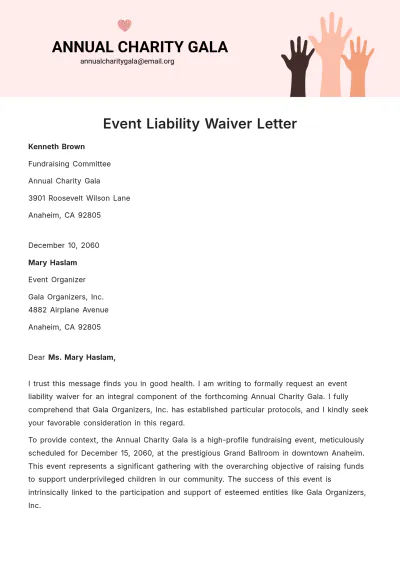 Free Event Liability Waiver Letter Template to Edit Online