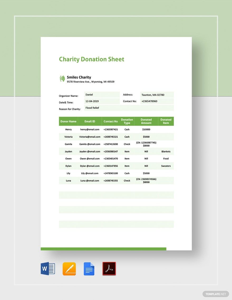 Charity Donation Sheet Template
