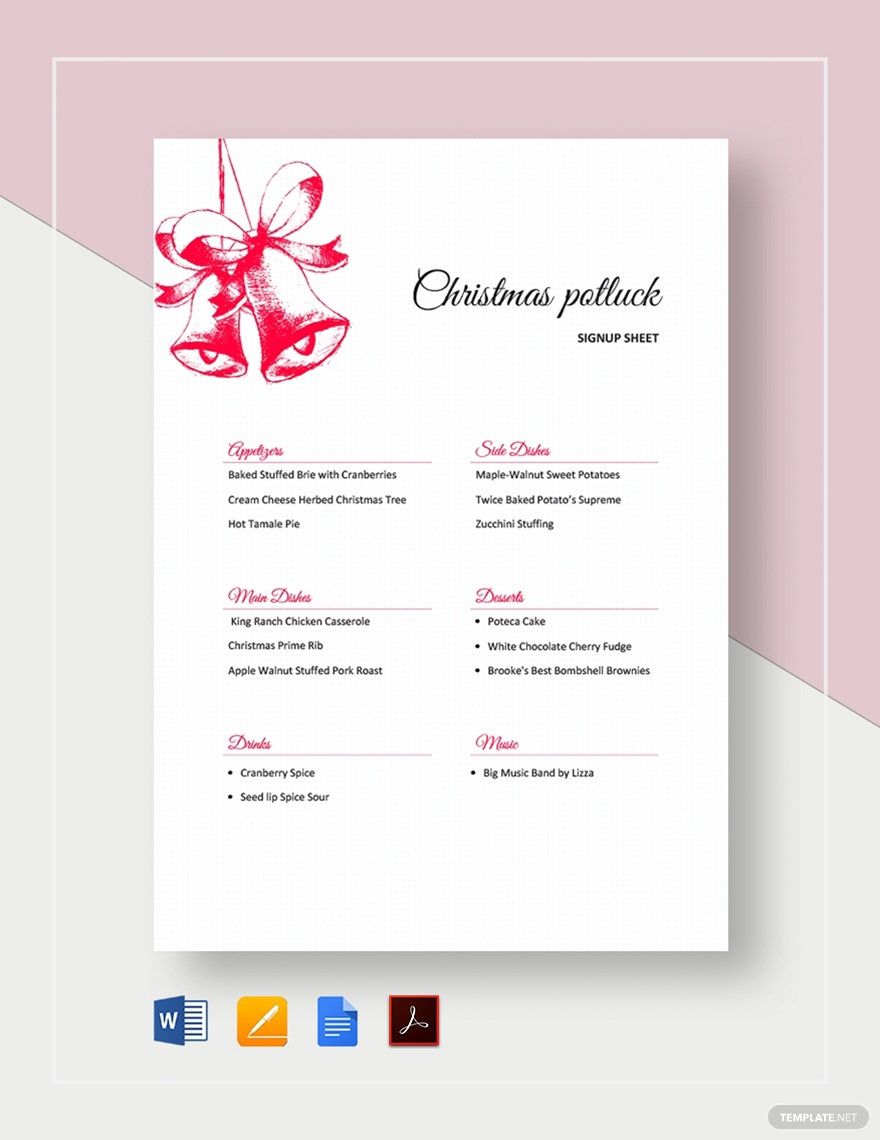 Christmas Potluck Signup Sheet Template