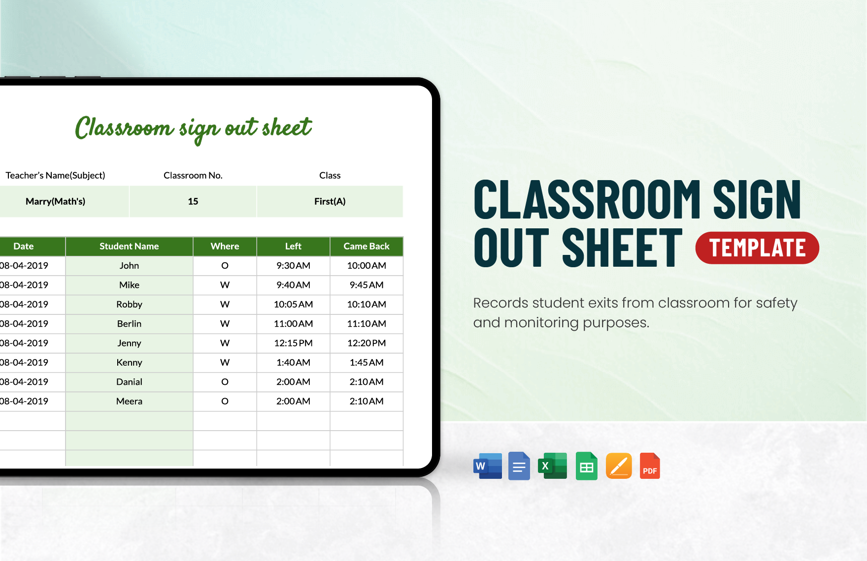 Free Classroom Sign Out Sheet Template