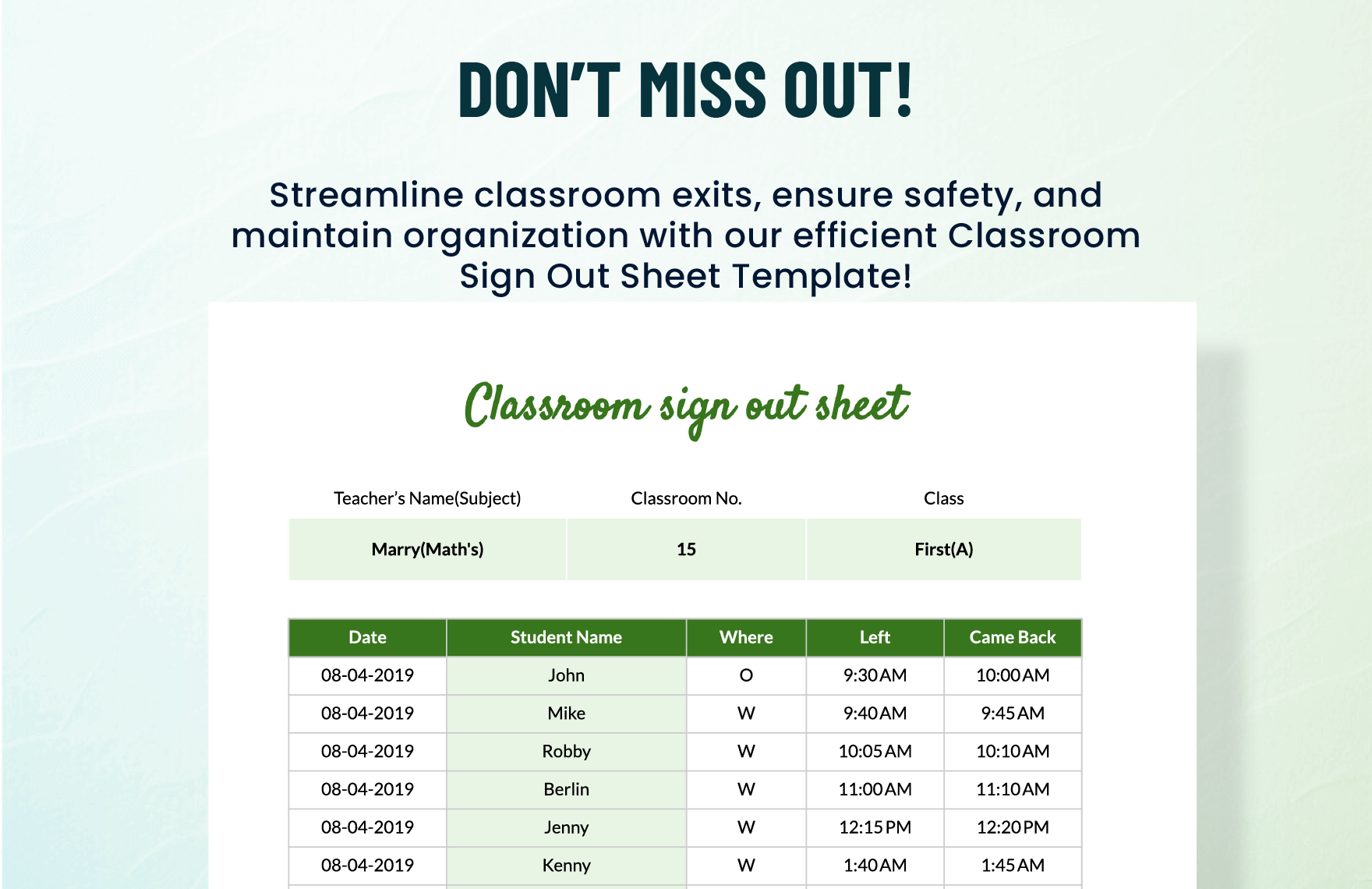 Classroom Sign Out Sheet Template