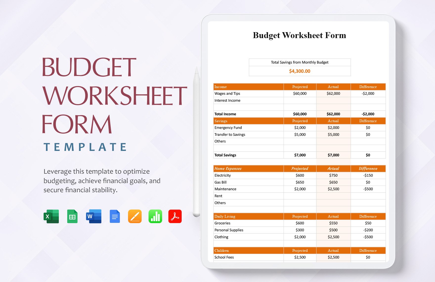 Budget Worksheet Form Template in Word, Google Docs, Excel, PDF, Google Sheets, Apple Pages, Apple Numbers