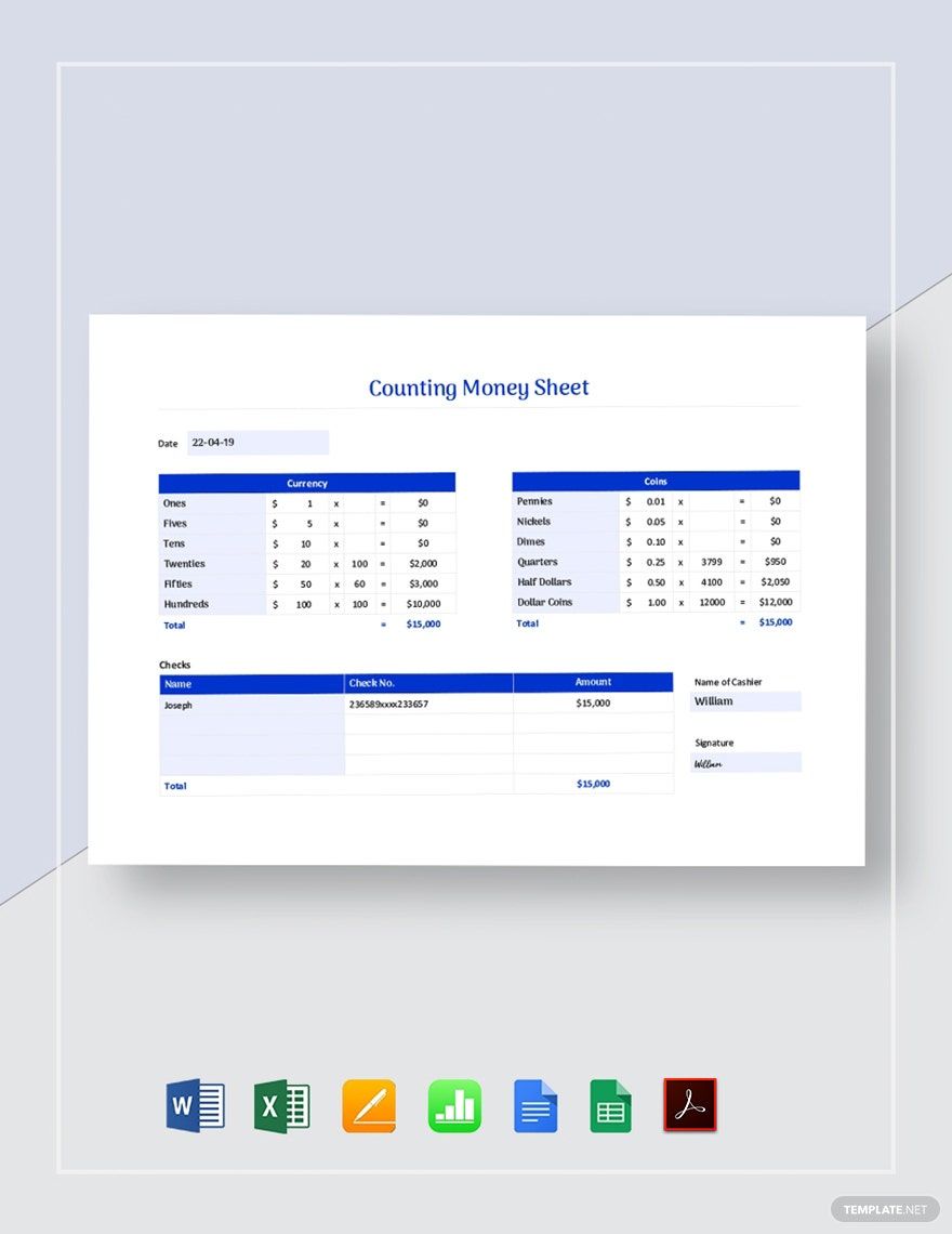 Counting Money Sheet Template