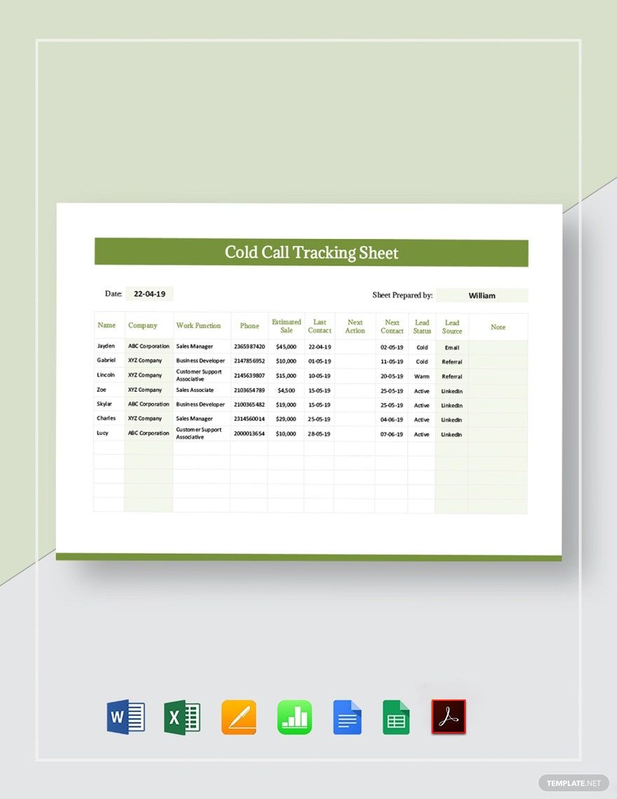 Cold Call Tracking Sheet Template in Google Sheets, Apple Numbers, Pages, Word, Excel, Google Docs, PDF - Download | Template.net