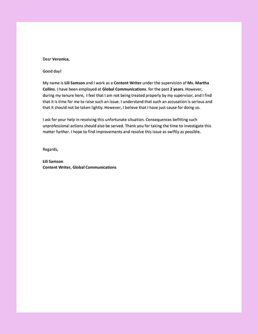 Letter of Complaint Against Supervisor Template